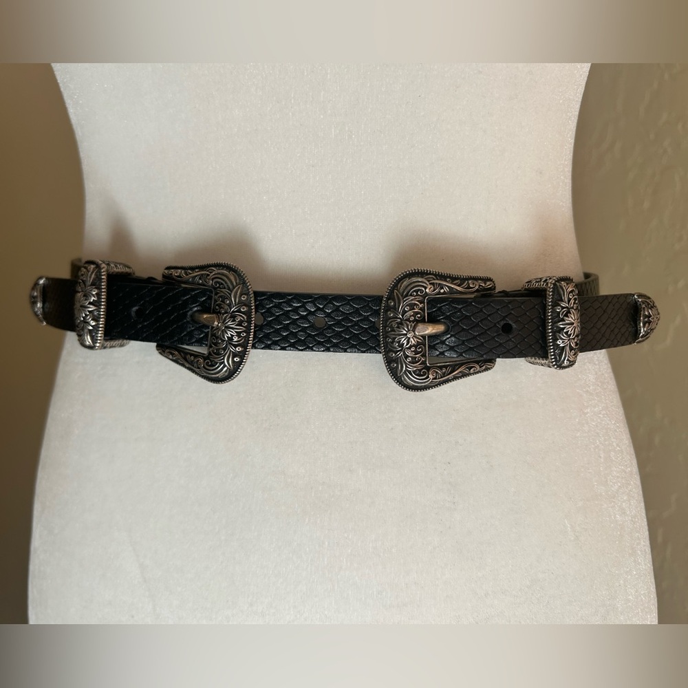 THE KOOPLES Black Leather Western Belt Size S Silver Double Buckles Rock Glam